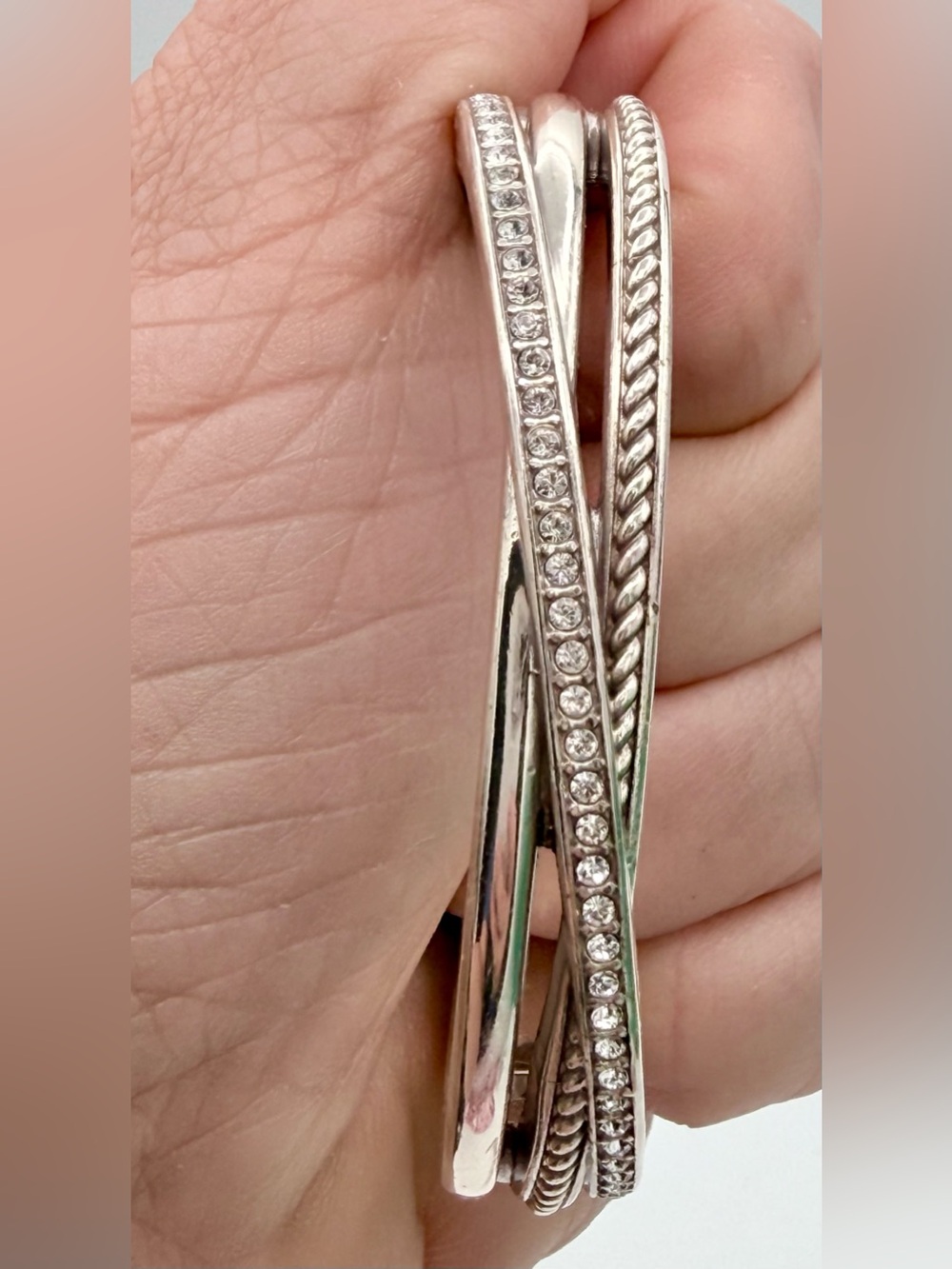 Brighton Silver Crystal Crossover Bangle Bracelet Multi-Row Layered - Picture 6 of 10